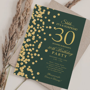 Gold Glitter Surprise 30th Birthday Green Invitation