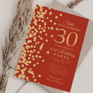 Gold Glitter Surprise 30th Birthday Red Invitation