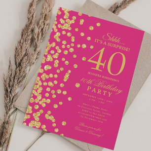 Gold Glitter Surprise 40th Birthday Hot Pink Invitation
