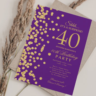 Gold Glitter Surprise 40th Birthday Purple Invitation