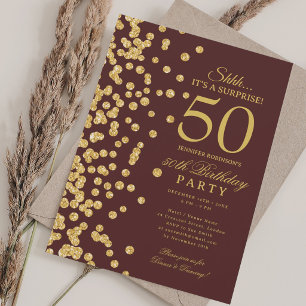 Gold Glitter Surprise 50th Birthday Burgundy  Invitation