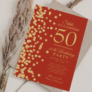 Gold Glitter Surprise 50th Birthday Party Red Invitation