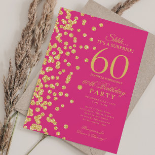 Gold Glitter Surprise 60th Birthday Party Hot Pink Invitation