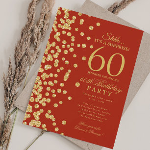 Gold Glitter Surprise 60th Birthday Party Red Invitation
