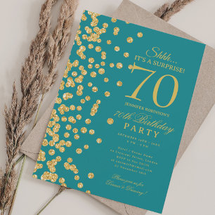 Gold Glitter Surprise 70th Birthday Turquoise Invitation