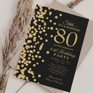  Gold Glitter Surprise 80th Birthday Black Invitation