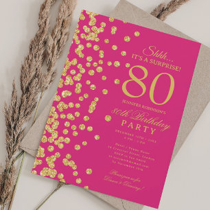 Gold Glitter Surprise 80th Birthday Hot Pink Invitation