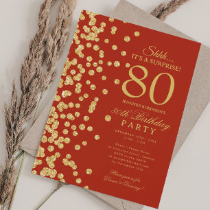 Gold Glitter Surprise 80th Birthday Party Red Invitation