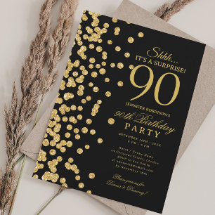  Gold Glitter Surprise 90th Birthday Black Invitation