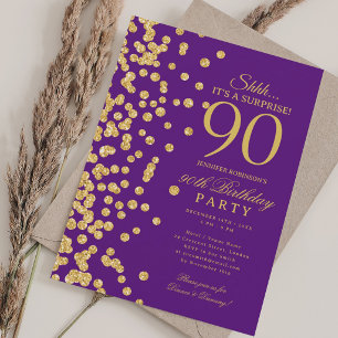  Gold Glitter Surprise 90th Birthday Purple  Invitation