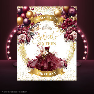 Gold Glitter Sweet 16 Backdrop Burgundy Flowers Tapestry