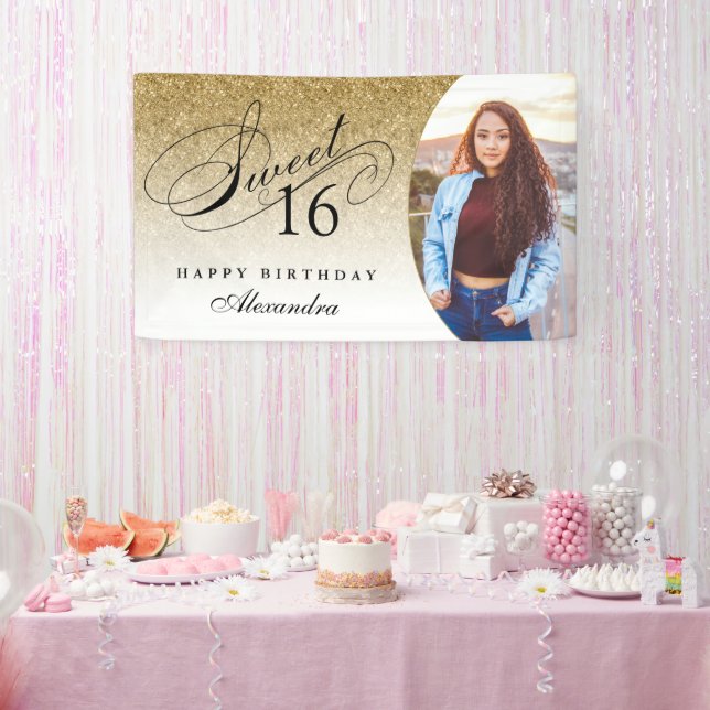 Gold Glitter Sweet 16 Personalised Photo Banner (Party)