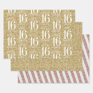 Gold Glitter Sweet 16 Personalized Stripes Wrapping Paper Sheet