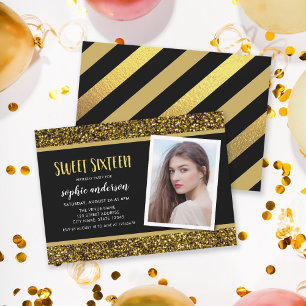 Gold Glitter Sweet 16 Photo Birthday Invitation