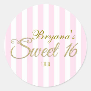 Gold Glitter SWEET 16 Pink Party Favour Stickers