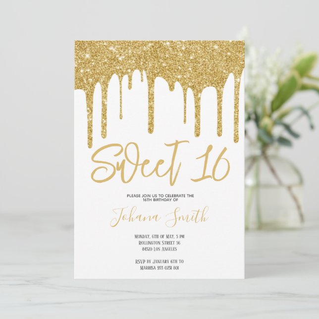 Gold Glitter Sweet Sixteen Girl Birthday Party Invitation (Standing Front)