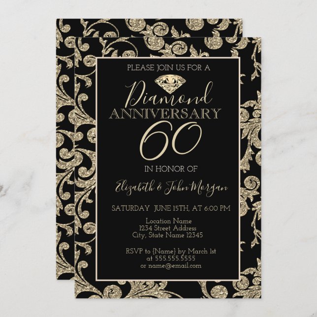 Gold Glitter Swirls Diamond Wedding Anniversary Invitation (Front/Back)
