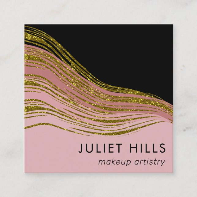 Gold Glitter Swish, Blush and Black Business Card (Front)