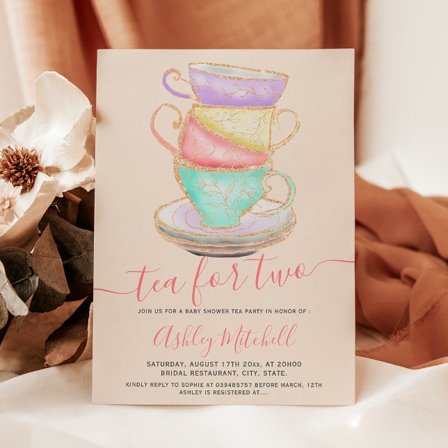 Gold glitter tea cup watercolor chic baby shower invitation (Gold glitter tea cup watercolor chic baby shower invitation)