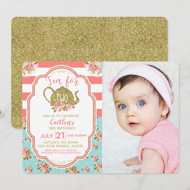 Gold Glitter Tea For Two Birthday Photo Invitation (Front/Back)