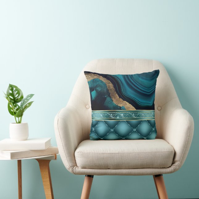 Gold Glitter Teal Agate Marble Diamonds  Cushion (Chair)