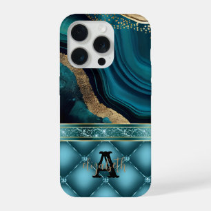 Gold Glitter Teal Agate Marble Diamonds iPhone 15 Pro Case
