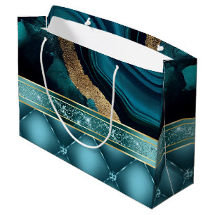 Gold Glitter Teal Agate Marble Diamonds Large Gift Bag