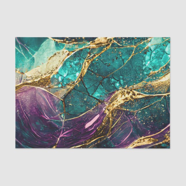 Gold Glitter Teal and Purple Glass Art Decoupage Tissue Paper (Front)