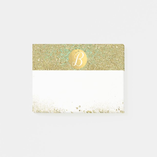 Gold Glitter & Teal Aqua Glam Custom Monogram Post-it Notes (Front)