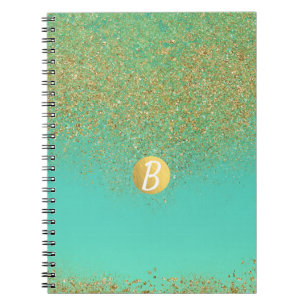 Gold Glitter & Teal Aqua Glam Glamour Monogram Notebook