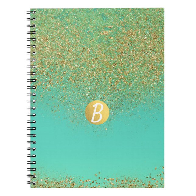 Gold Glitter & Teal Aqua Glam Glamour Monogram Notebook (Front)