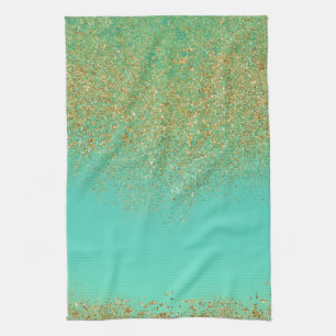 Gold Glitter & Teal Aqua Modern Girly Trendy Glam Tea Towel