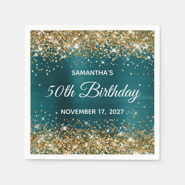 Gold Glitter Teal Blue Foil 50th Birthday Napkin (Front)