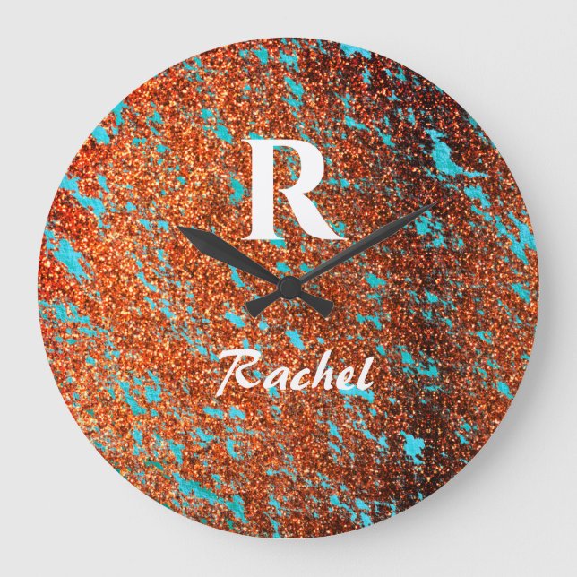 Gold Glitter Teal Blue Monogram Initial Name 2020 Large Clock (Front)