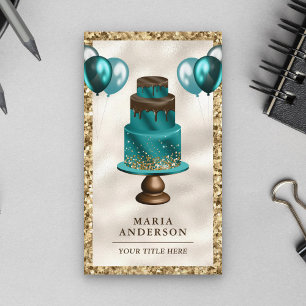 Gold Glitter Teal Cake Balloons Event Planner Business Card