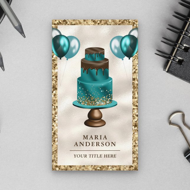 Gold Glitter Teal Cake Balloons Event Planner Business Card (Creator Uploaded)