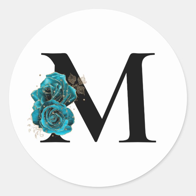 Gold Glitter Teal Floral Glam Monogram Classic Round Sticker (Front)