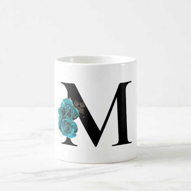 Gold Glitter Teal Floral Glam Monogram Coffee Mug (Center)