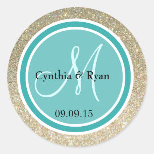 Gold Glitter & Teal Green Wedding Monogram Classic Round Sticker