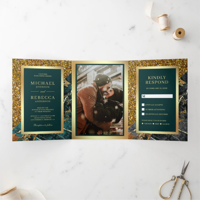 Gold Glitter Teal Marble Photo Wedding Tri-Fold Invitation (Inside)