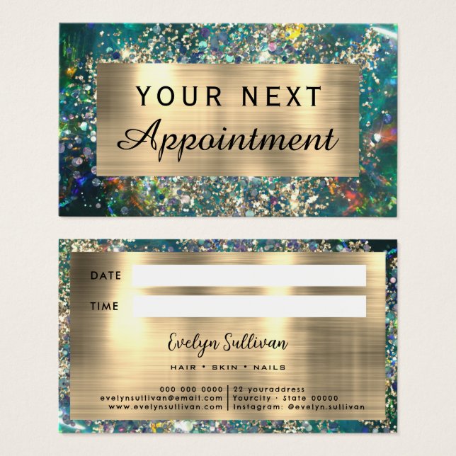 Gold glitter teal opal appointment card (Front & Back)