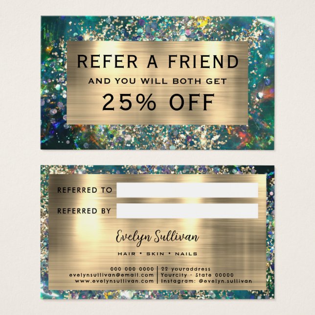 Gold glitter teal opal referral card (Front & Back)