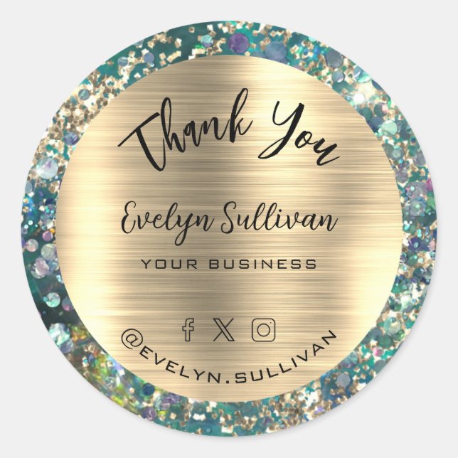 Gold Glitter Teal Opal Thank You  Classic Round Sticker (Front)