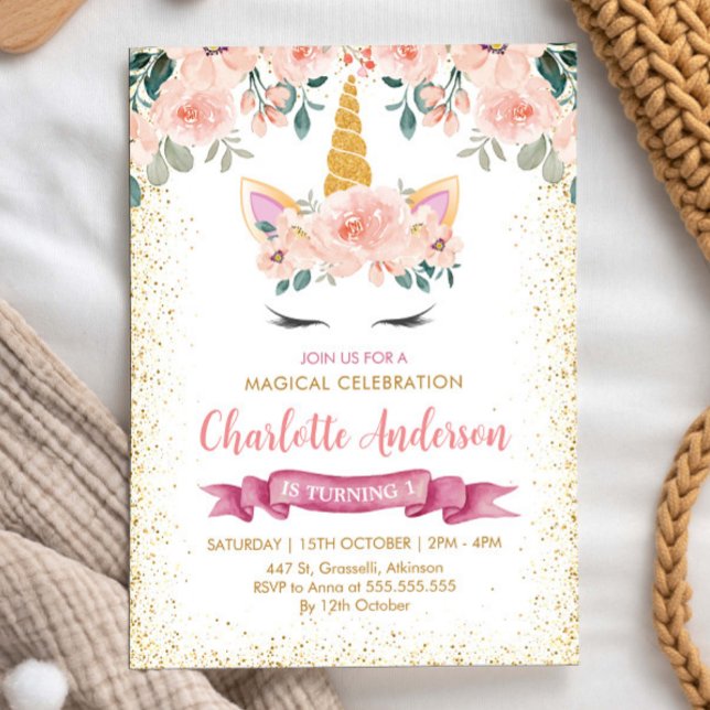 Gold Glitter Teal Peach Floral Unicorn Birthday Invitation (Creator Uploaded)
