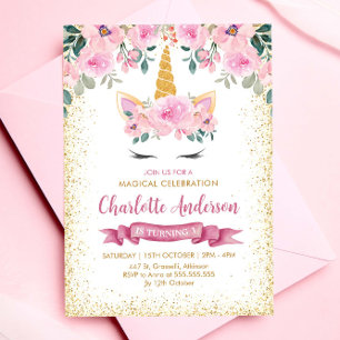 Gold Glitter Teal Pink Floral Unicorn Birthday Invitation