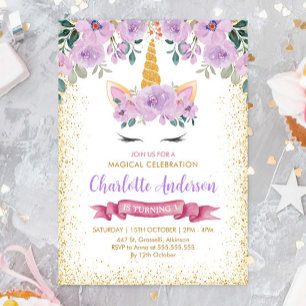 Gold Glitter Teal Purple Floral Unicorn Birthday Invitation