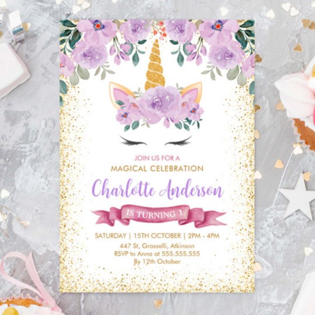 Gold Glitter Teal Purple Floral Unicorn Birthday Invitation (Creator Uploaded)