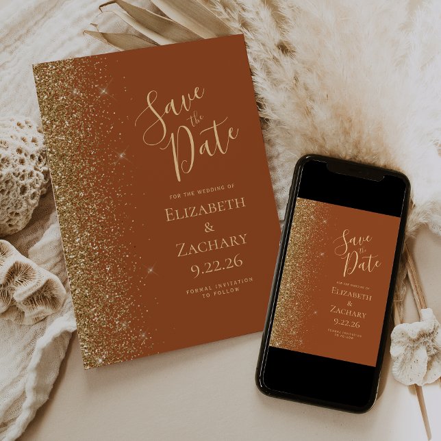 Gold Glitter Terracotta Save the Date Announcement (Creator Uploaded)