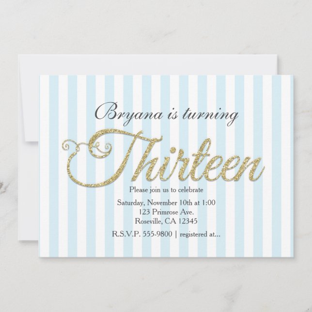 Gold Glitter THIRTEEN 13 Blue Party Invitations (Front)