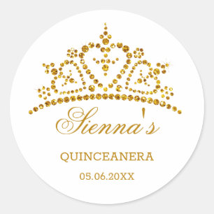 Gold glitter tiara in a heart shape Quinceanera Classic Round Sticker